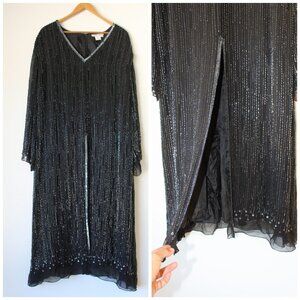 VTG Camille Morgan 100% Silk Black Nightgown beaded & Sequins Dress Size 2X Slit